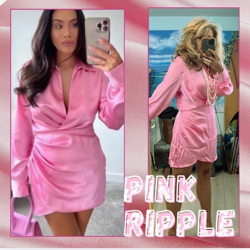 Pink Ripple,Vibrant,Stunner Pink Cross Chest Dress,SideZipper,Grand Lapel,Size M